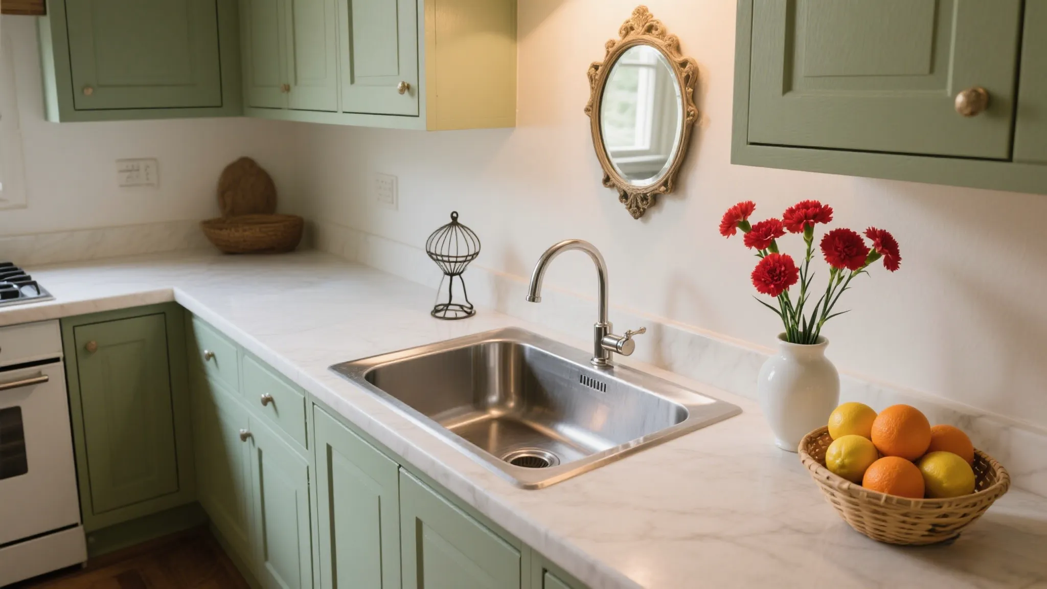 Minimalist black kitchen island with rectangular stainless steel sink, silver faucet, bright windows, white walls, and small plant decoration